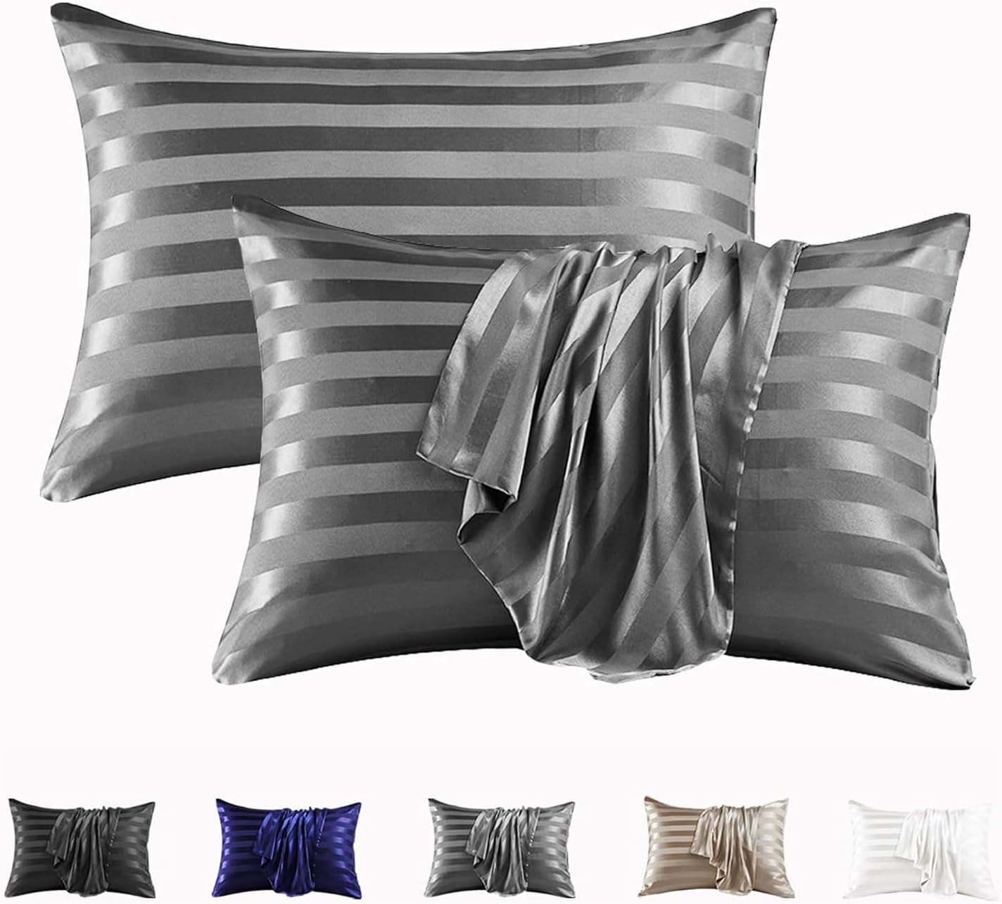 MR&HM Satin Pillowcase for Hair and Skin, Silk Satin Pillowcase 2 Pack, King Size Pillow Cases Set of 2, Silky Pillow Cover with Envelope Closure (20x36, Dark Grey Striped)