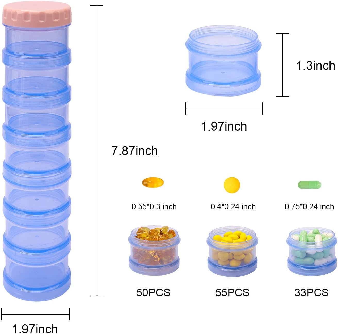 2 Pack 7 Day Pill Organizer Case Stackable Weekly Supplements Vitamins Pills Holder Dispenser Large Translucent Blue with Extra Lid