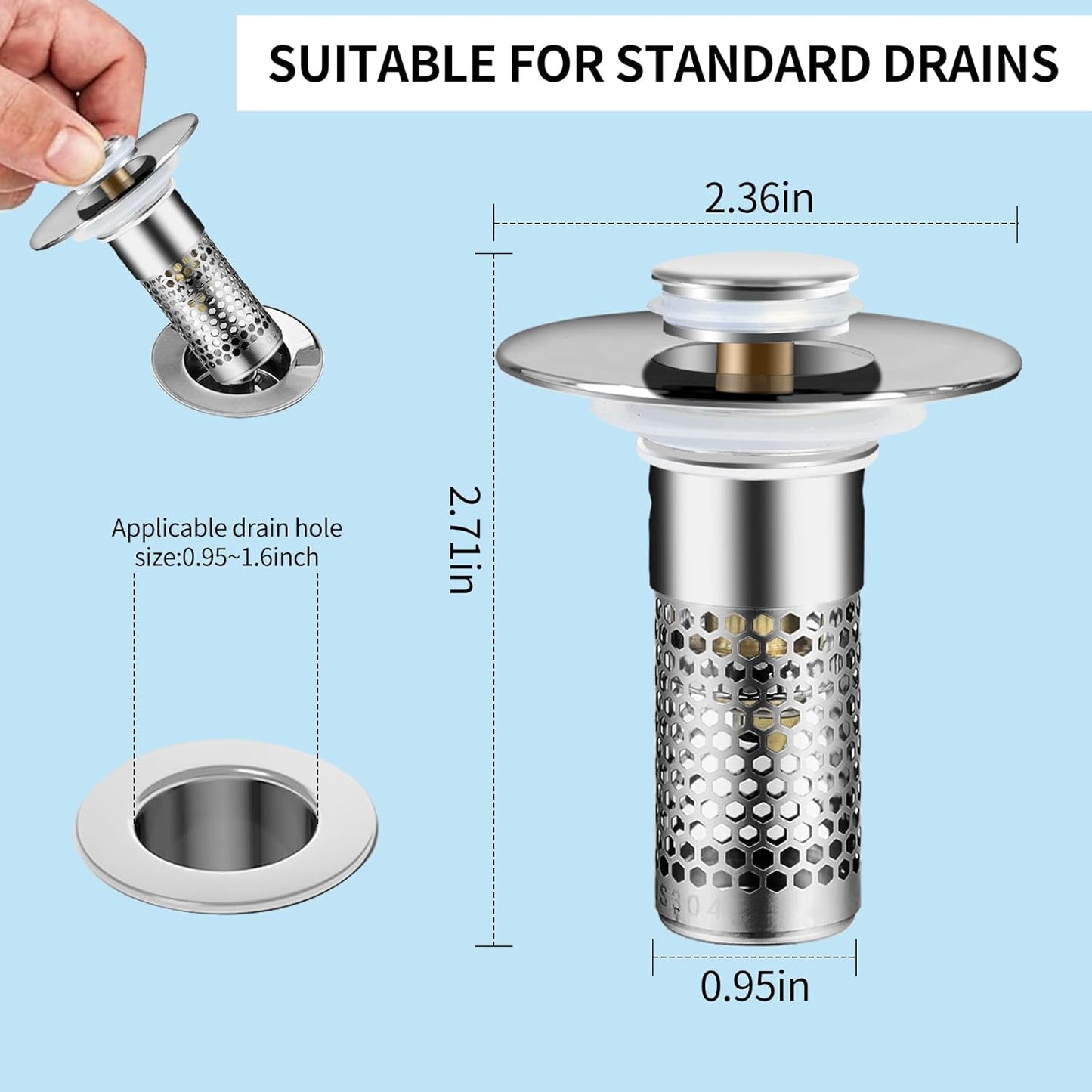 2 Pcs Universal 2-in-1 Sink Stop&Drain Strainer-Upgraded Pop-Up Design Sink Drain Plug Strainer with Stainless Steel Anti-Pooling Basket and Cleaning Brush for U.S. 1.1-1.6 Inch Drain Holes