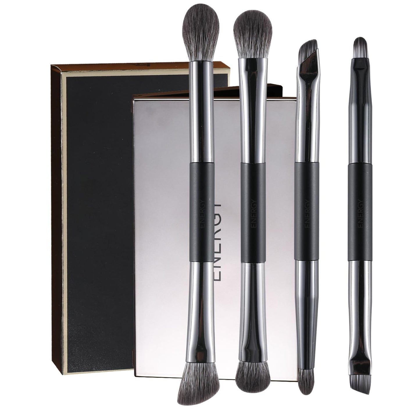 ENERGY Travel Eye Makeup Brush Set Eyeshadow Eye Blending Eyeliner Under Eye Concealer Eye Brow Smudge Makeup Kit with Portable Compact Mirror Case Double ended Makeup Brushes 4PCS
