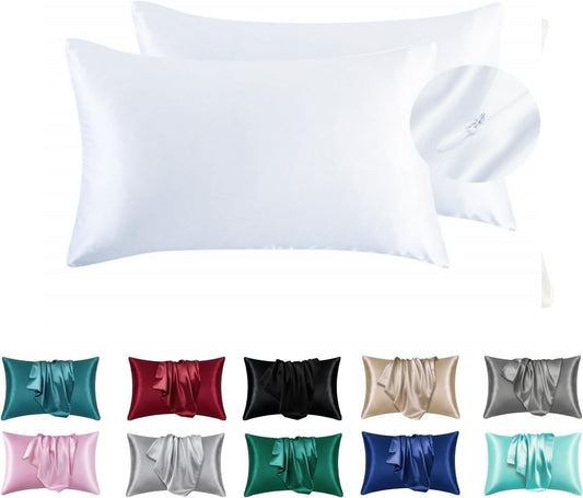Juwenin Bedding,Luxury Satin Pillowcase with Zipper (Silky Satin Pillow Case for Hair) Set of 2 (White, Standard(20''x26''))