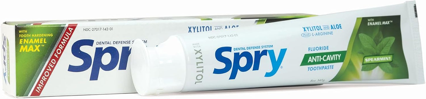 Spry Natural Xylitol Toothpaste 5oz for Adults and Kids with Fluoride, Gentle for Sensitive Teeth Whitening and Remineralizing, Breath Freshening, Mouth Moisturizing, Spearmint (Pack of 1)