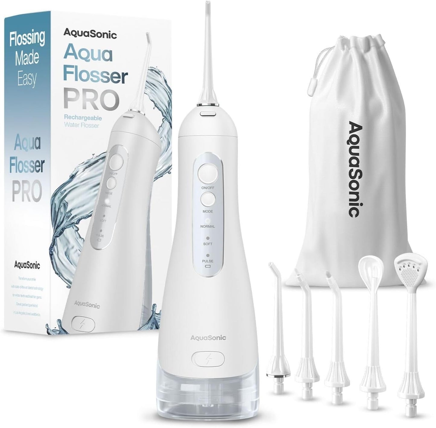 AquaSonic Aqua Flosser PRO - Rechargeable Cordless Water Flosser for Teeth, Gums & Tongue - Modern Design, 300ml Large Tank, 6 Jet Tips with Deluxe Tongue Nozzle, 3 Modes, Waterproof Optic White