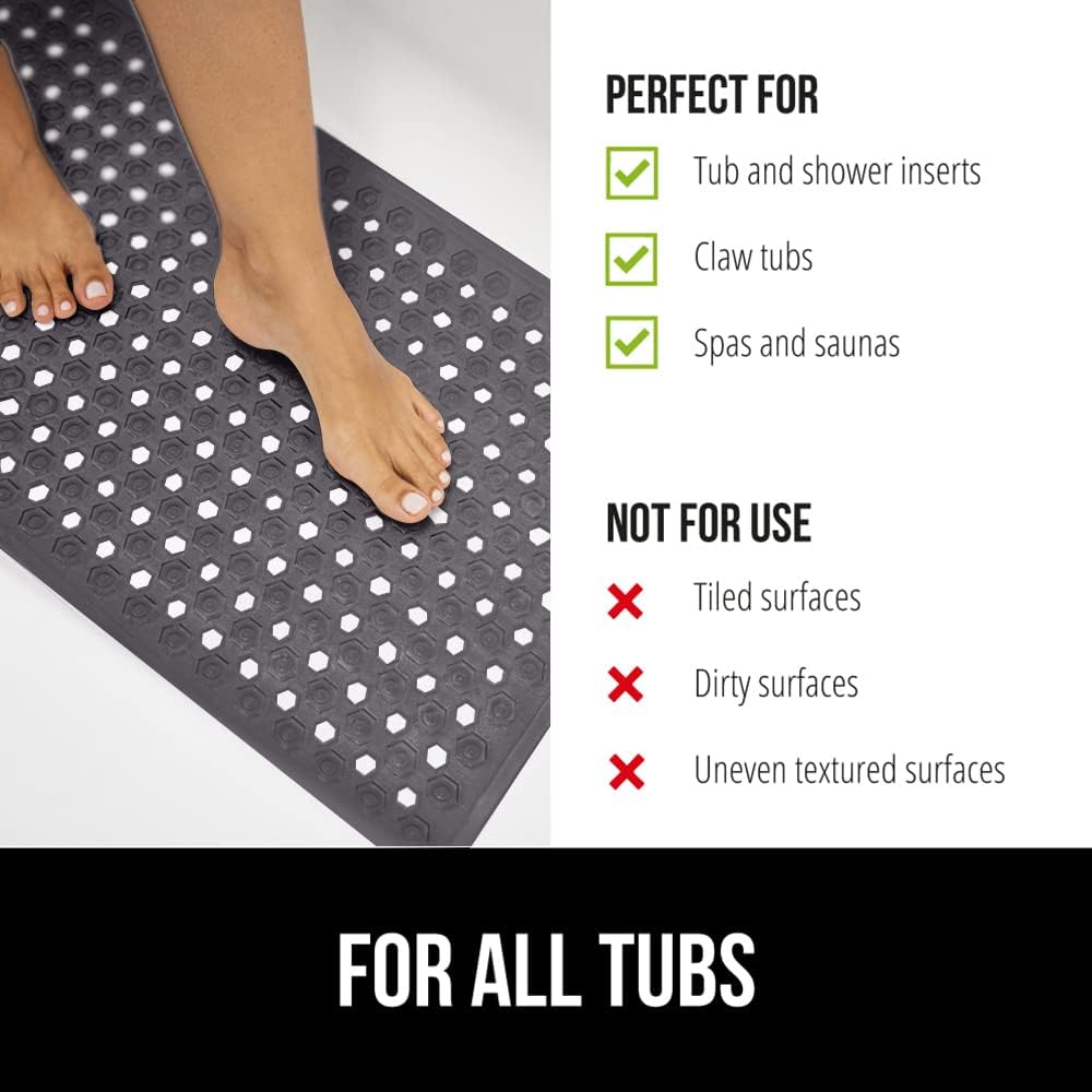 GORILLA GRIP Patented Bath Tub Shower Mat, Machine Washable Bathtub Floor Liner Mats, Suction Cups and Drain Holes to Keep Tubs Clean, Soft on Feet, Bathroom Essentials, 35x16 Inch, Charcoal Opaque