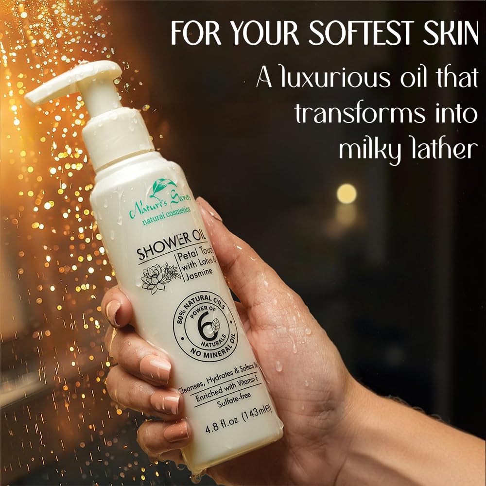 Sweet Almond Cleansing & Softening Shower Oil. Oil-to-Milky Lather. Sulfate-Free. With Jasmine & Lotus. No Mineral Oil. For Dry & Extra Dry Skin. For Softer, Smoother & Nourished Skin.