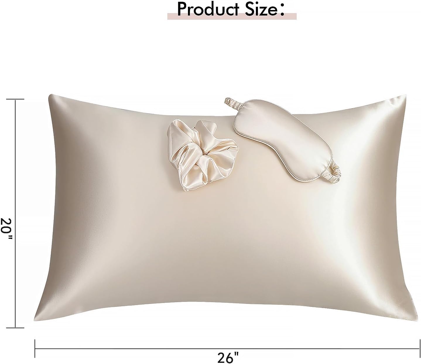 Vegan Silk Sleep Set, Vegan Silk Pillowcase with Large Scrunchie and Eye Mask for Hair and Skin, Self Care Essential Satin Night Routine Kit (Champagne Color)