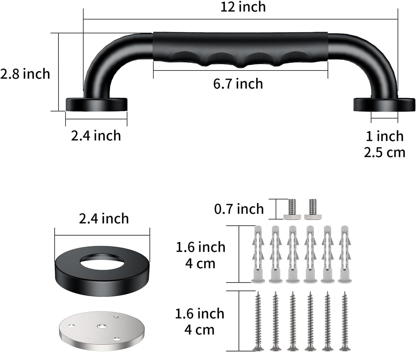 2 Pack 12 Inch Black Shower Grab Bar w/Anti Slip Rubber Grip,ZUEXT Stainless Steel Bath Grab Bar,Bathroom Balance Bar,Wall Mount Safety Handrail Support,Handicap Injury Elderly Senior Assist Handle