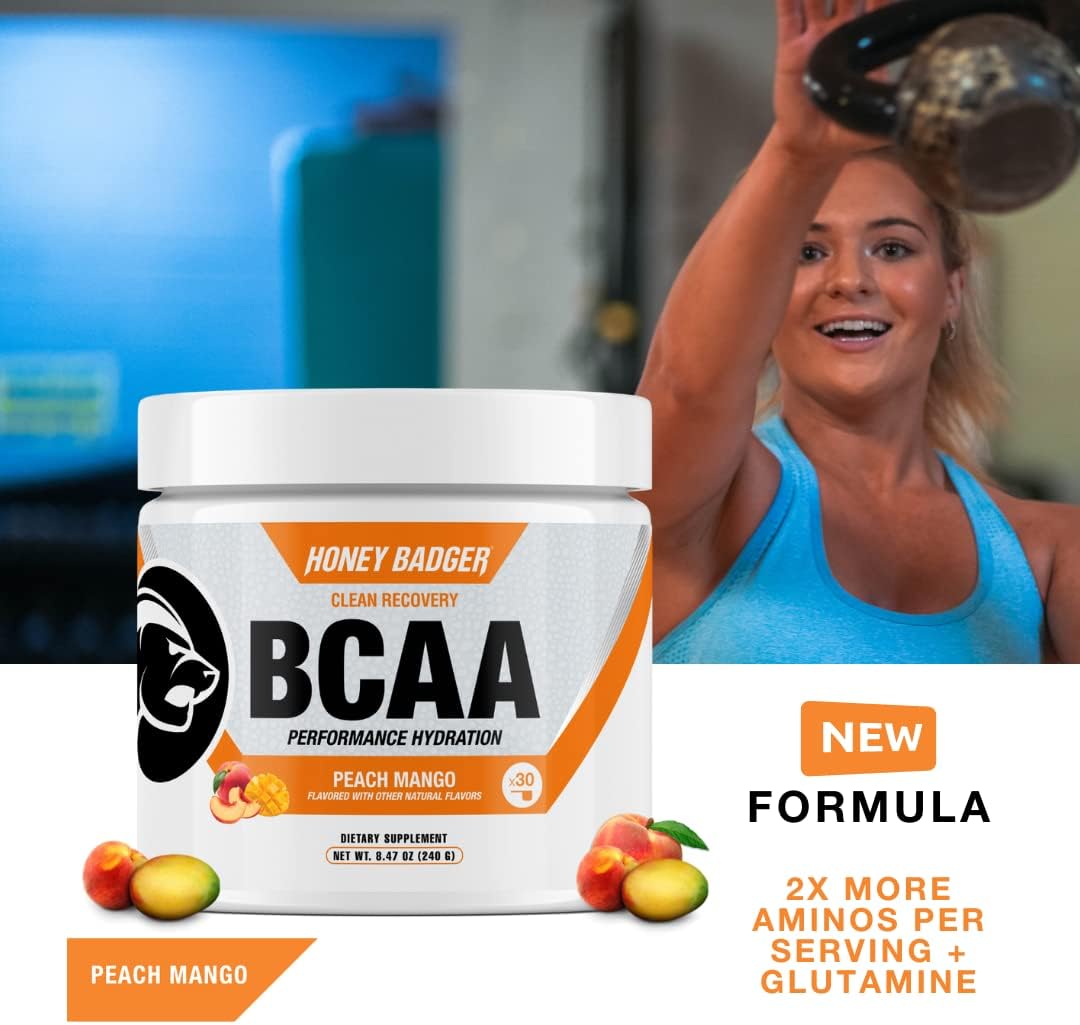 Honey Badger BCAA + EAA Amino Acids Powder, BCAAs + L-Glutamine, Keto, Vegan, Sugar Free for Men & Women, Hydration & Post Workout Muscle Recovery Drink Mix, Peach Mango, 30 Servings