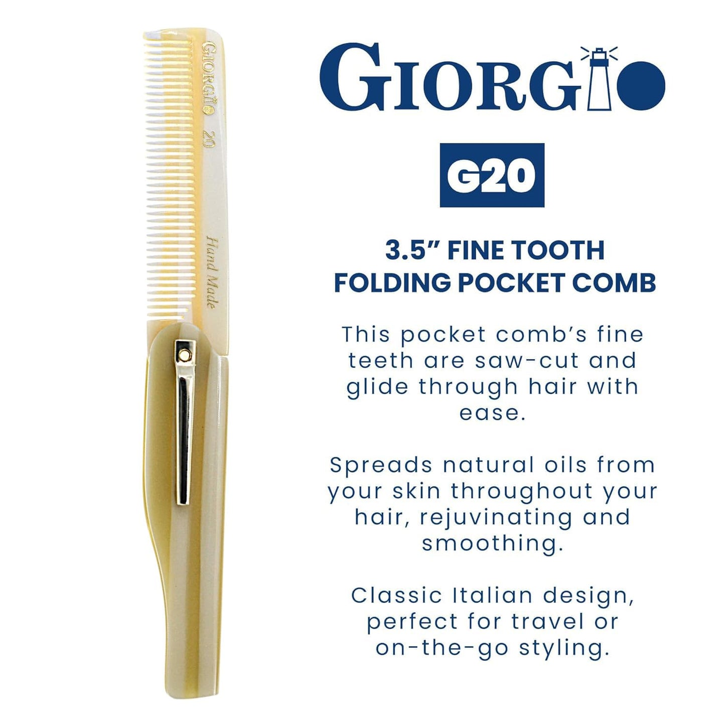 Giorgio G20 Folding Fine Tooth Mustache and Beard Comb 6.5 Inches - Sawcut and Hand Polished Ivory Styling and Travel Comb for Everyday Hair Care (Ivory)