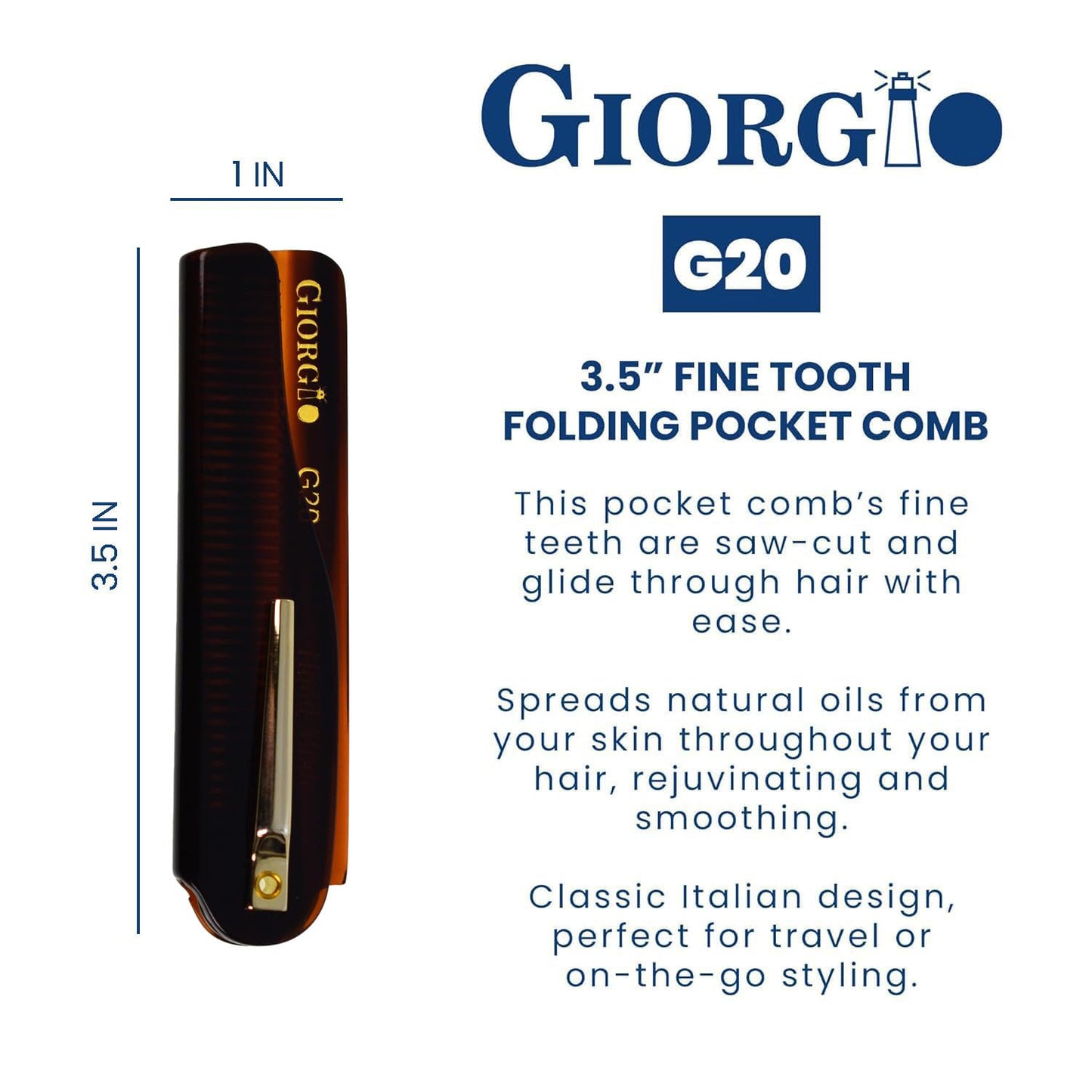 Giorgio G20 Folding Mustache and Beard Comb - Fine Tooth Travel Comb for Everyday Styling and Hair Care - Handcrafted Sawcut and Hand Polished (TortoiseShell)