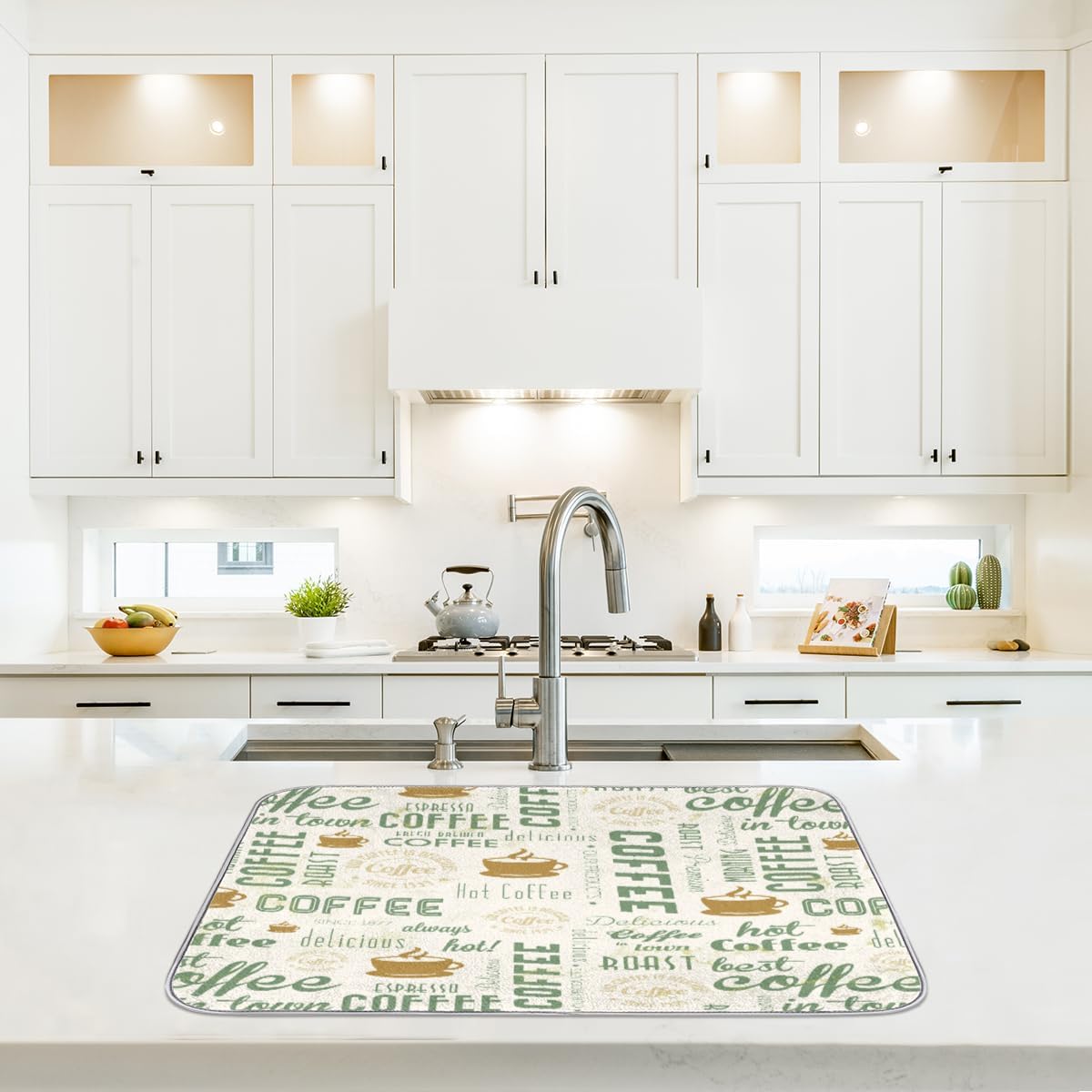 Hexteria Dish Drying Mat for Kitchen Counter, Absorbent Coffee Bar Mat, Dish Drainer Rack Mat, Green