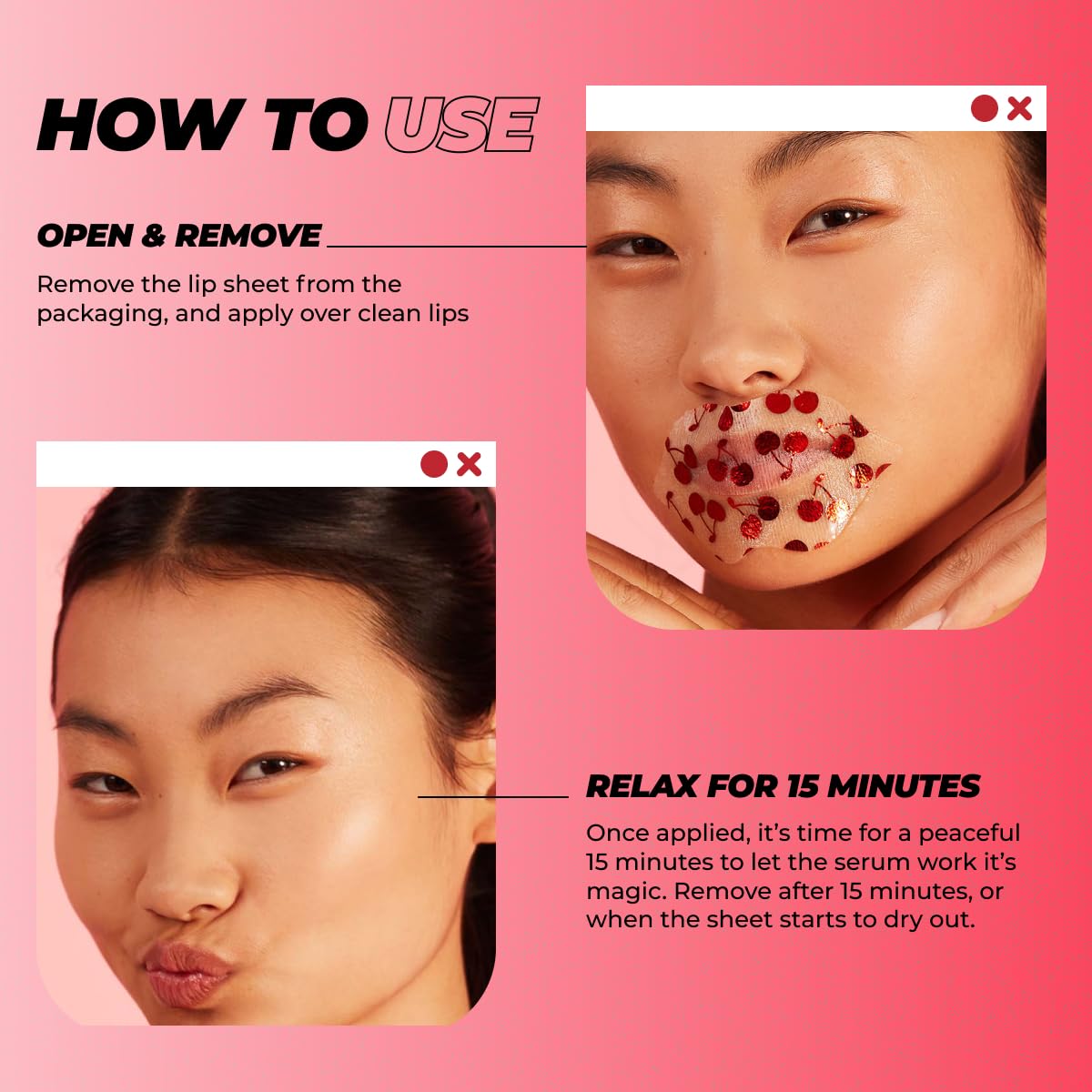 Vitamasques Lip Mask, 3-Pack - Cherry Vegan Collagen Lip Mask Sheets, Repair for Dry & Chapped Lips - Nourishing & Hydrating - Wild Cherries & Hyaluronic Acid - Vegan & Cruelty-Free Korean Skin Care