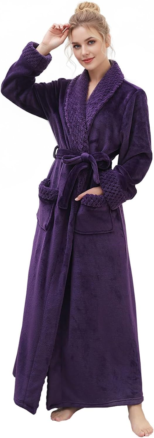Hellomamma Long Bath Robe for Womens Plush Soft Fleece Bathrobes Nightgown Ladies Pajamas Sleepwear Housecoat