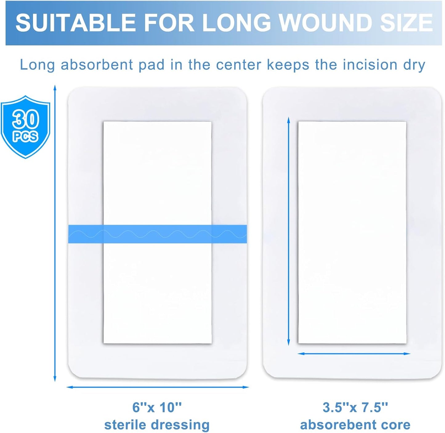 30 Pack 6"x10" Waterproof Adhesive Island Dressing for Post-Surgery Recovery | Sterile Bordered Gauze Bandages with Non-Stick Pad for Knee/Hip Replacement, Surgical Incision Care & Shower Protection