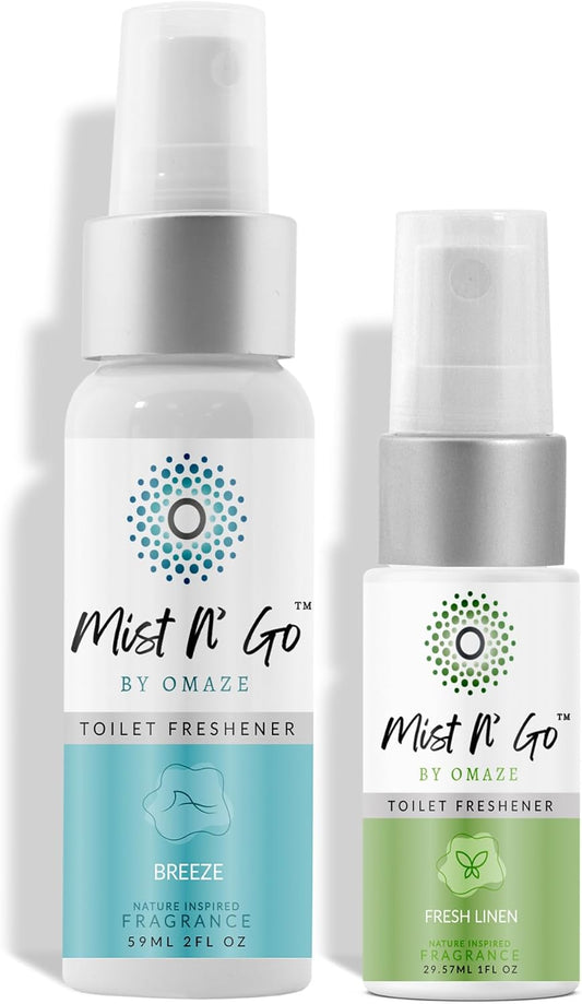 Mist N' Go by Omaze Travel Odor Eliminator - Toilet Spray for Bathroom Air Freshener - Clean Mix, Daily Pack (2oz x1 + 1oz x1)
