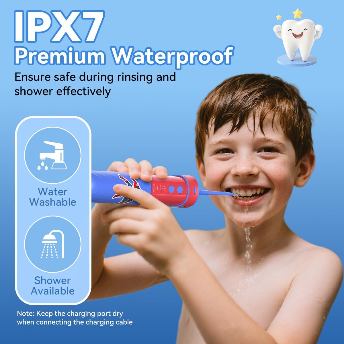 JTF Kids Water Dental Flosser: Rechargeable Portable Oral Irrigator with 4 Flossing Modes 230ml Tank 4 Tips Travel Bag Waterproof Stickers, Cordless Electric Flossers for Teeth Gum Braces Care, Age 6+