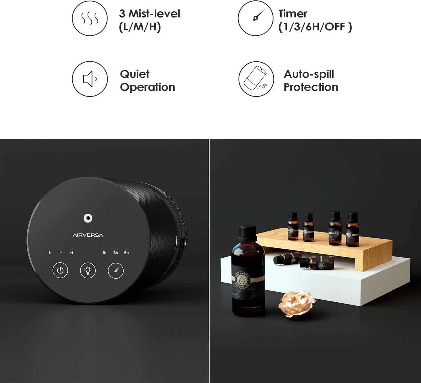 Airversa Waterless Diffuser Essential Oil 100mL Capacity Scent Air Machine for Home Aromatherapy Premium Metal Nebulizer Battery Operated 3 Mist Settings Timers Color Light AN5(Space Grey)