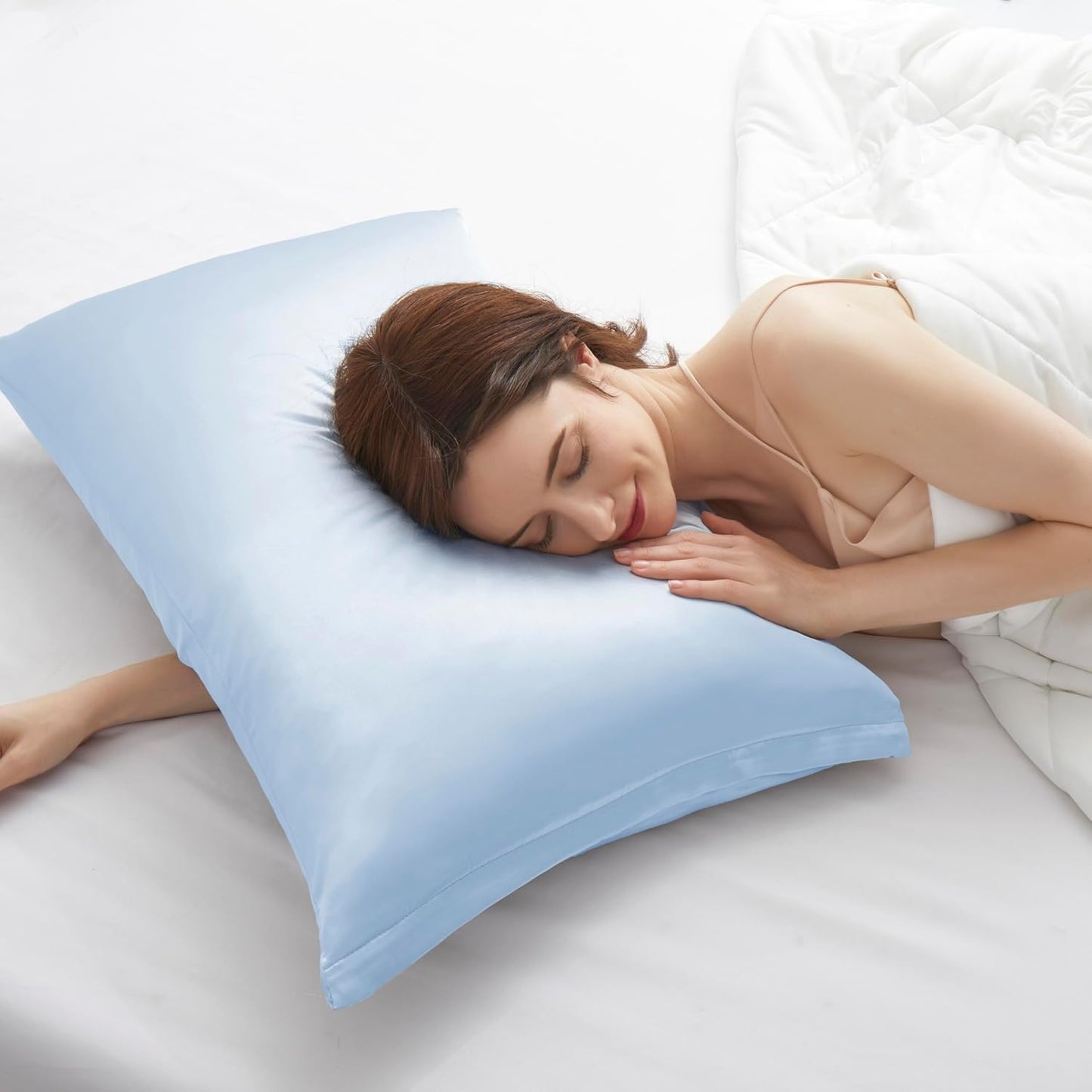 Juwenin Bedding,Luxury Satin Pillowcase with Zipper (Silky Satin Pillow Case for Hair) Set of 2 (Blue, Standard(20''x26''))