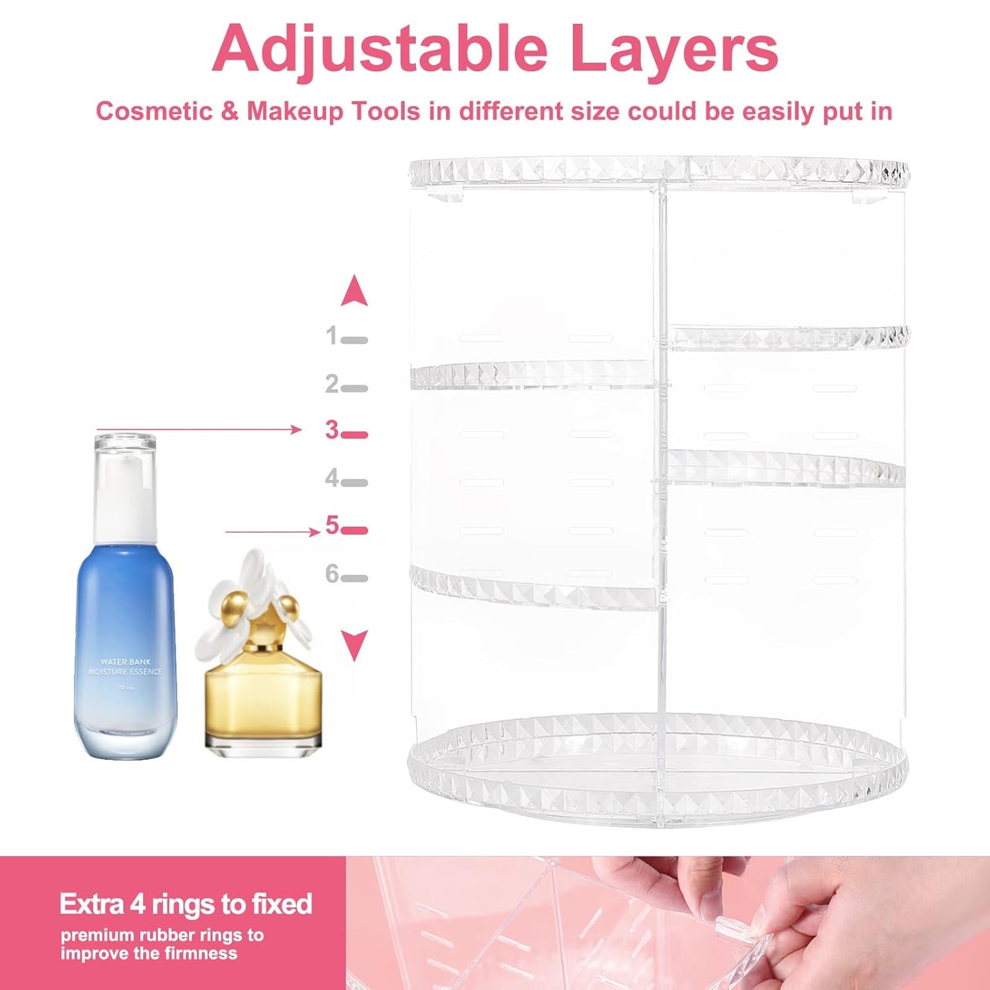 360 Degree Rotating Makeup Organizer,Large Capacity Make up Caddy Shelf,Acrylic Perfume Storage, Adjustable Skin Care Organisers for Dresser Tabletop and Bathroom, Clear (Diamond)