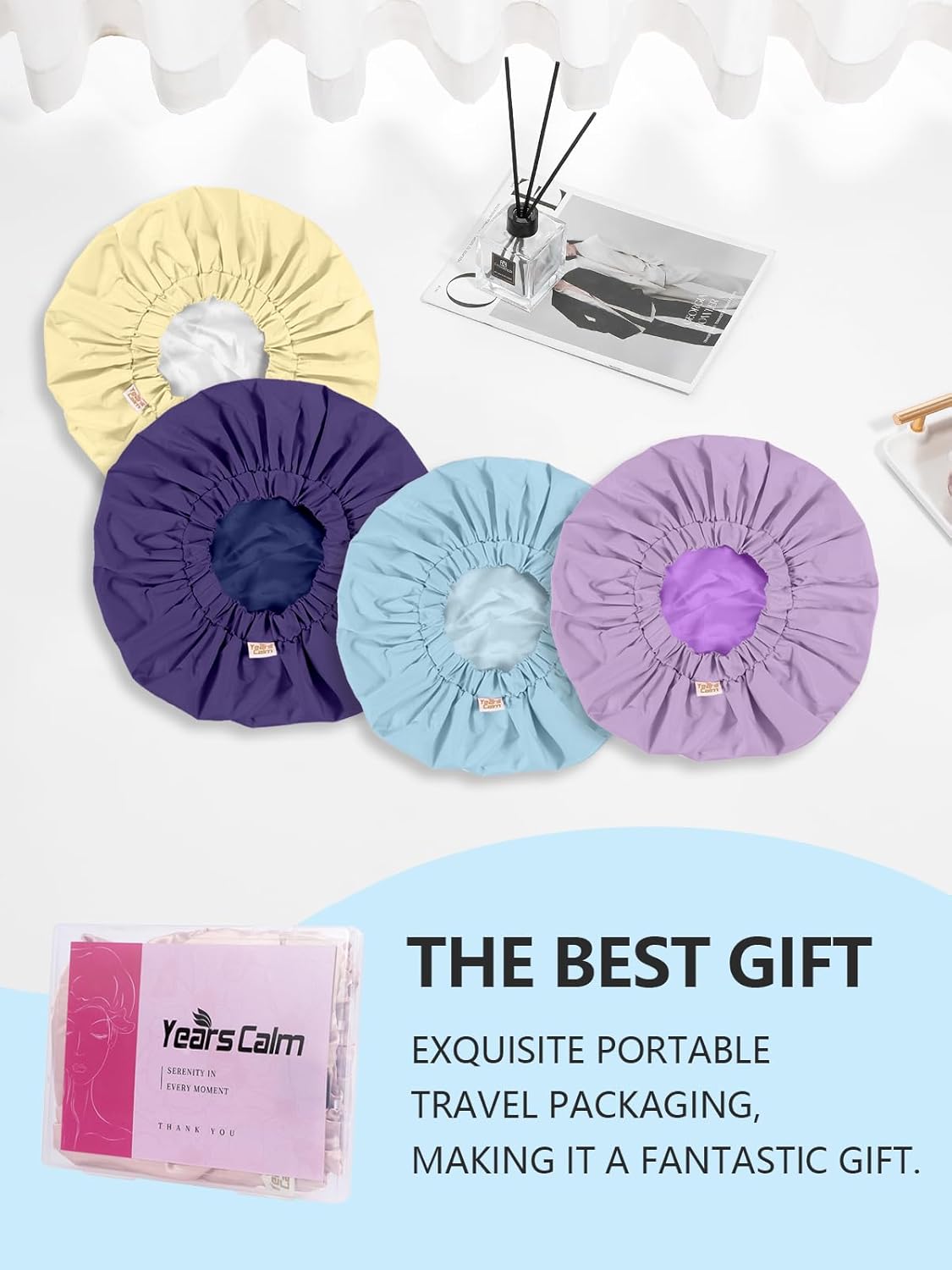 Years calm Reusable Waterproof Shower Caps for Women, Hair Caps for Showers, Double-Layer Elastic Design, for All Hairstyles, Travel-Friendly (Sky Blue)