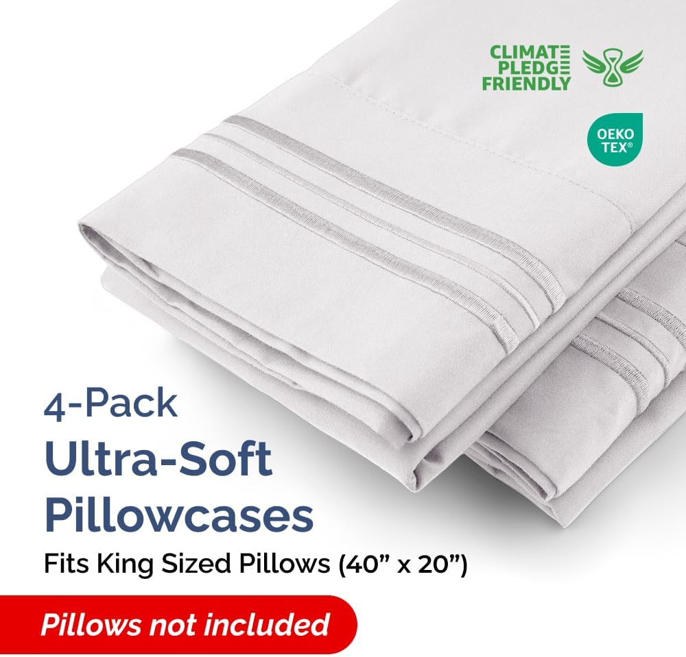 King Pillow Cases Set of 4 - Ultra Soft Hotel Quality Pillowcase Covers - Comfy, Cozy & Wrinkle Free - Shrink, Stain & Fade Resistant - Machine Washable Pillow Protectors - 4 Piece Set - French Grey