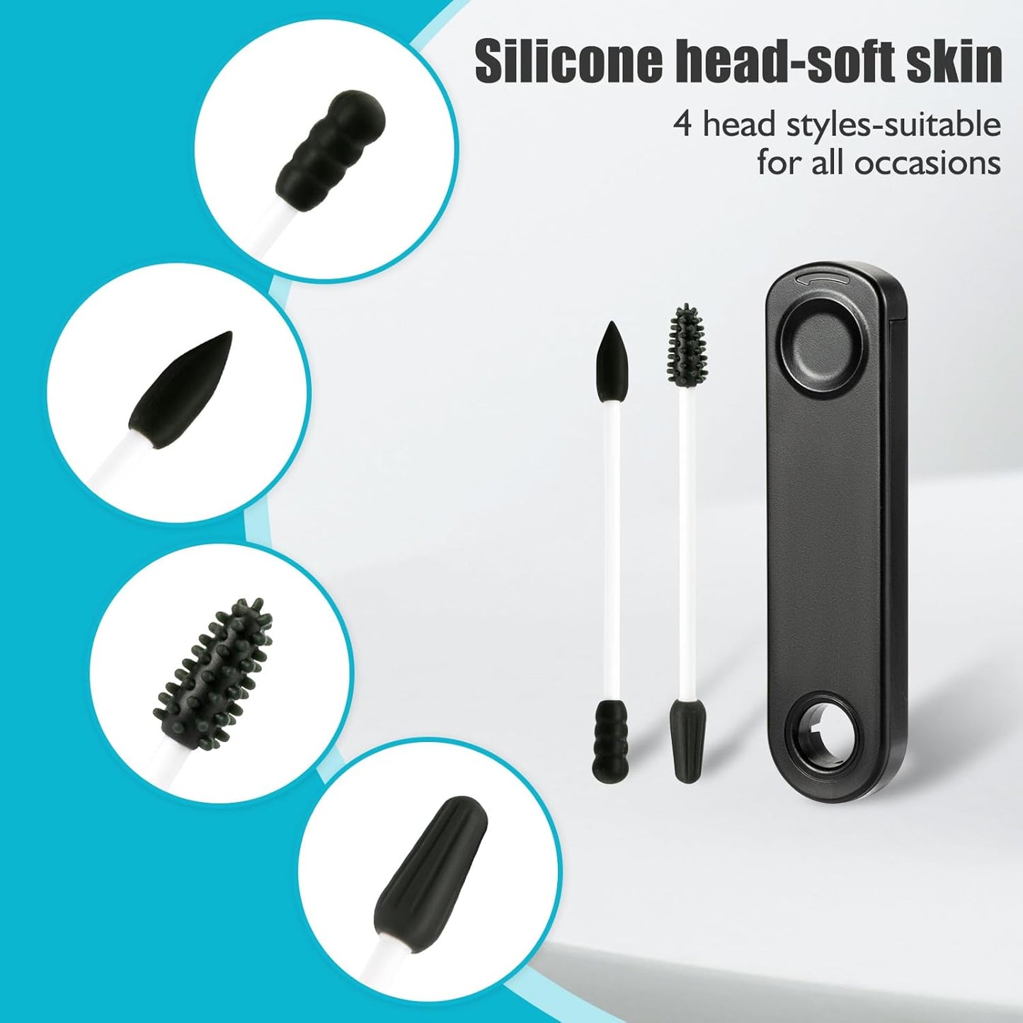 Reusable Cotton Swabs - 4Pcs - Rough Friction for Ears Cleaning Comes with Convenient Travel Case Holder - Black