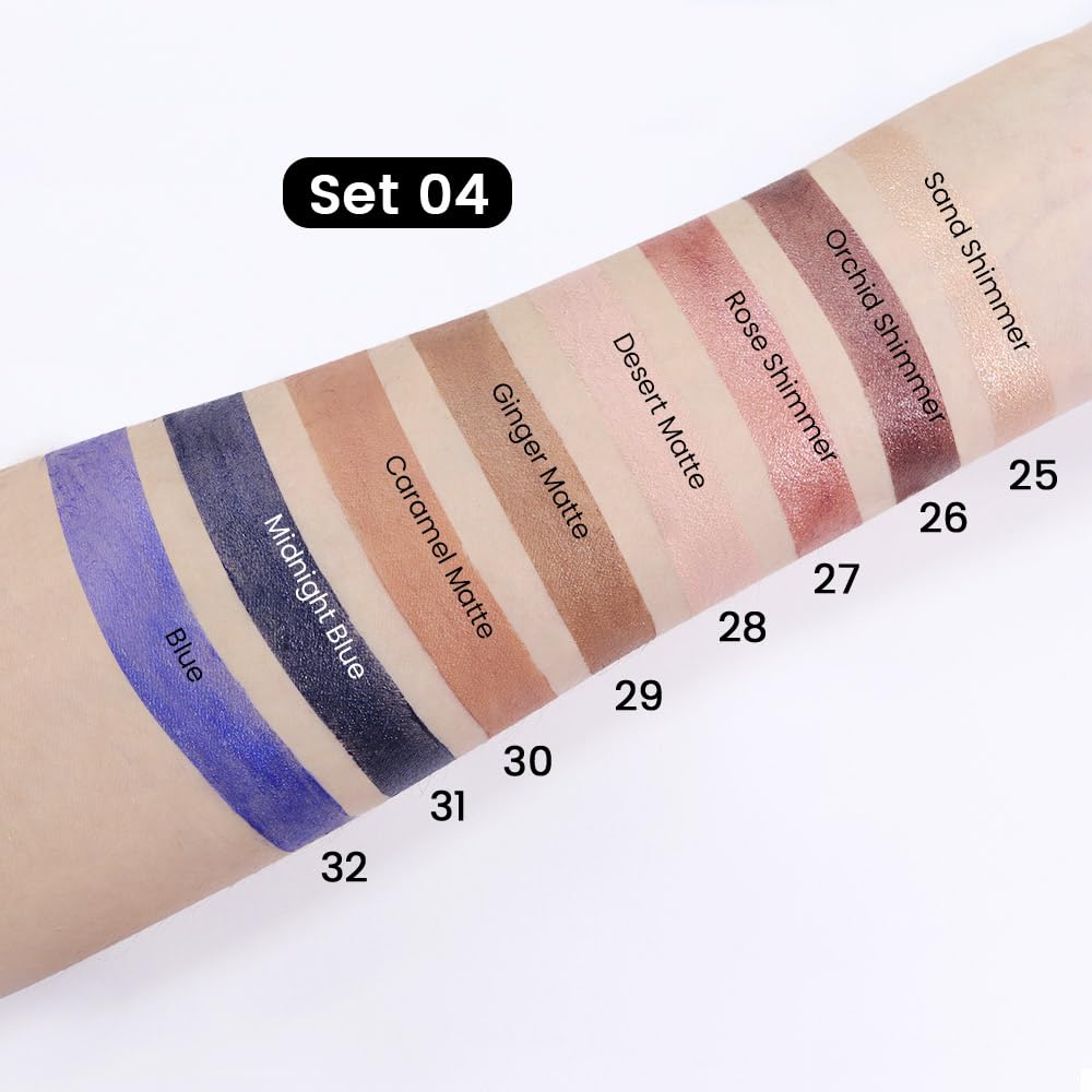 evpct 8Pcs Cream Eye Shadow Brightener Sticks Set for Eyes, Sand Orchid Rose Desert Ginger Caramel Midnight blue Blue Glitter Shimmer Matte Liquid Pencil Eye shadow Applicator Stick Palette Makeup 04