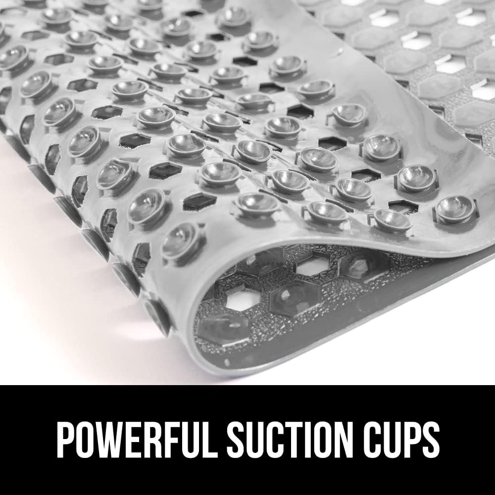 GORILLA GRIP Patented Bath Tub Shower Mat, Machine Washable Bathtub Floor Liner Mats, Suction Cups and Drain Holes to Keep Tubs Clean, Soft on Feet, Bathroom Essentials, 35x16 Inch, Gray Opaque