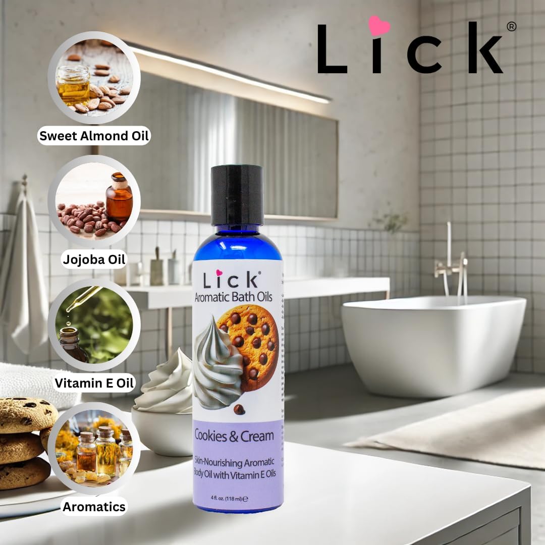 LICK Cookies and Cream Aromatic Bath Oil - Natural Sweet Almond, Vitamin E & Jojoba Oils for Luxurious Experience for Women. Moisturizes Dry Skin, 12 Enchanting Aromas, Made in USA 4 fl oz