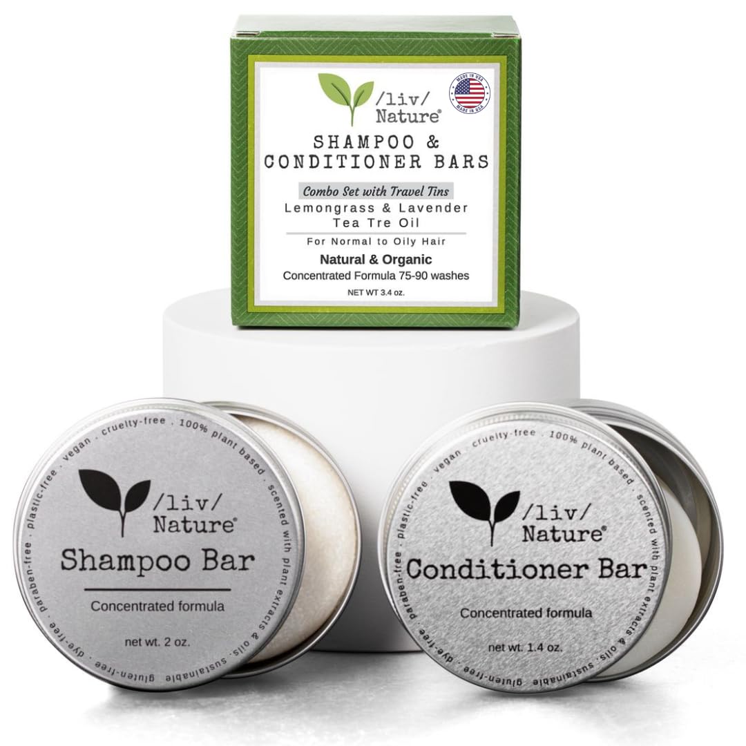 Shampoo Bar and Conditioner with Travel Tins | Lemongrass, Lavender, Tea Tree Oil | Clarifying & Growth | For Oily Hair | USA 2-pk
