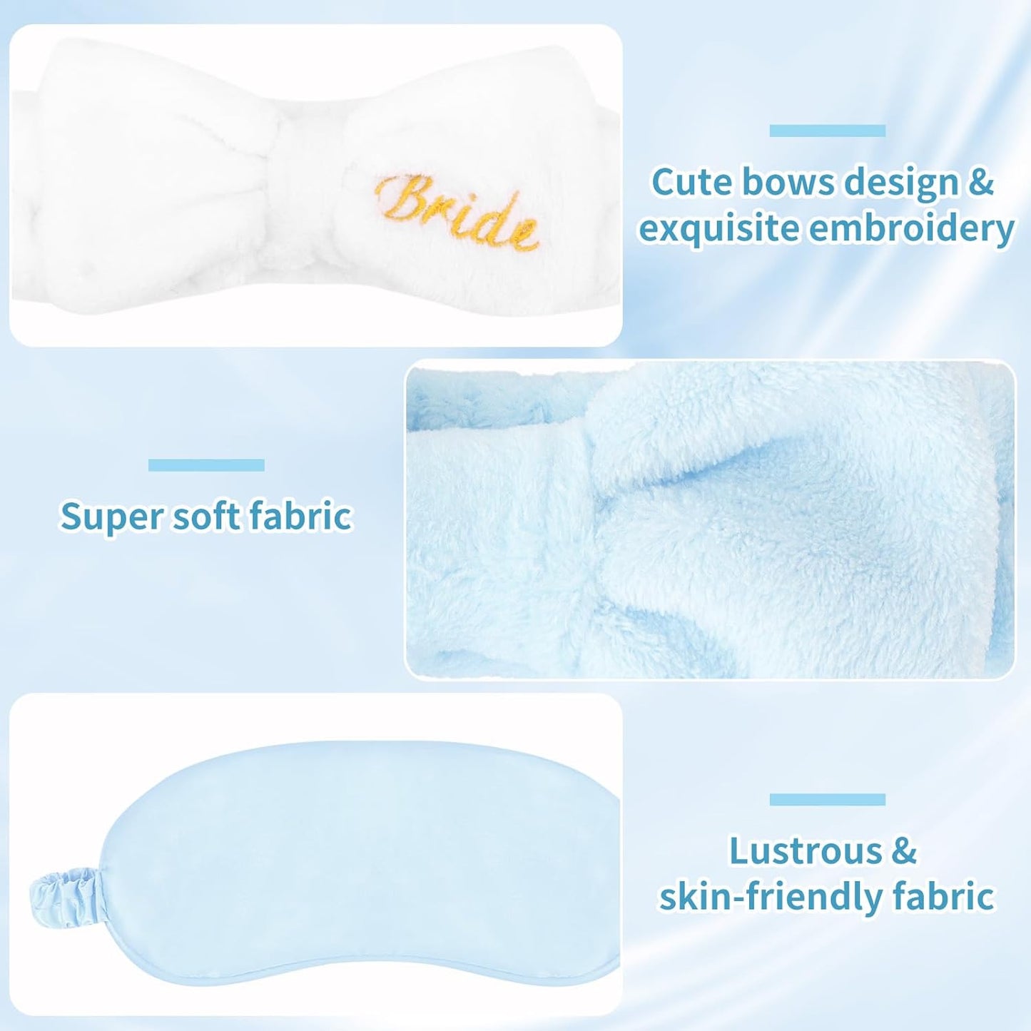 Wecoe 12pcs/set Bow Spa Headbands & Eye Masks - Bachelorette Party Favors, Bridal Shower & Bridesmaid Proposal Gifts(White, Blue)