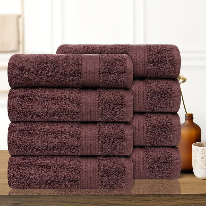 Ample Decor Bathroom Hand Towels 18 X 28 Inch 600 GSM 100% Cotton, Soft Absorbent - 8 Pcs Brown