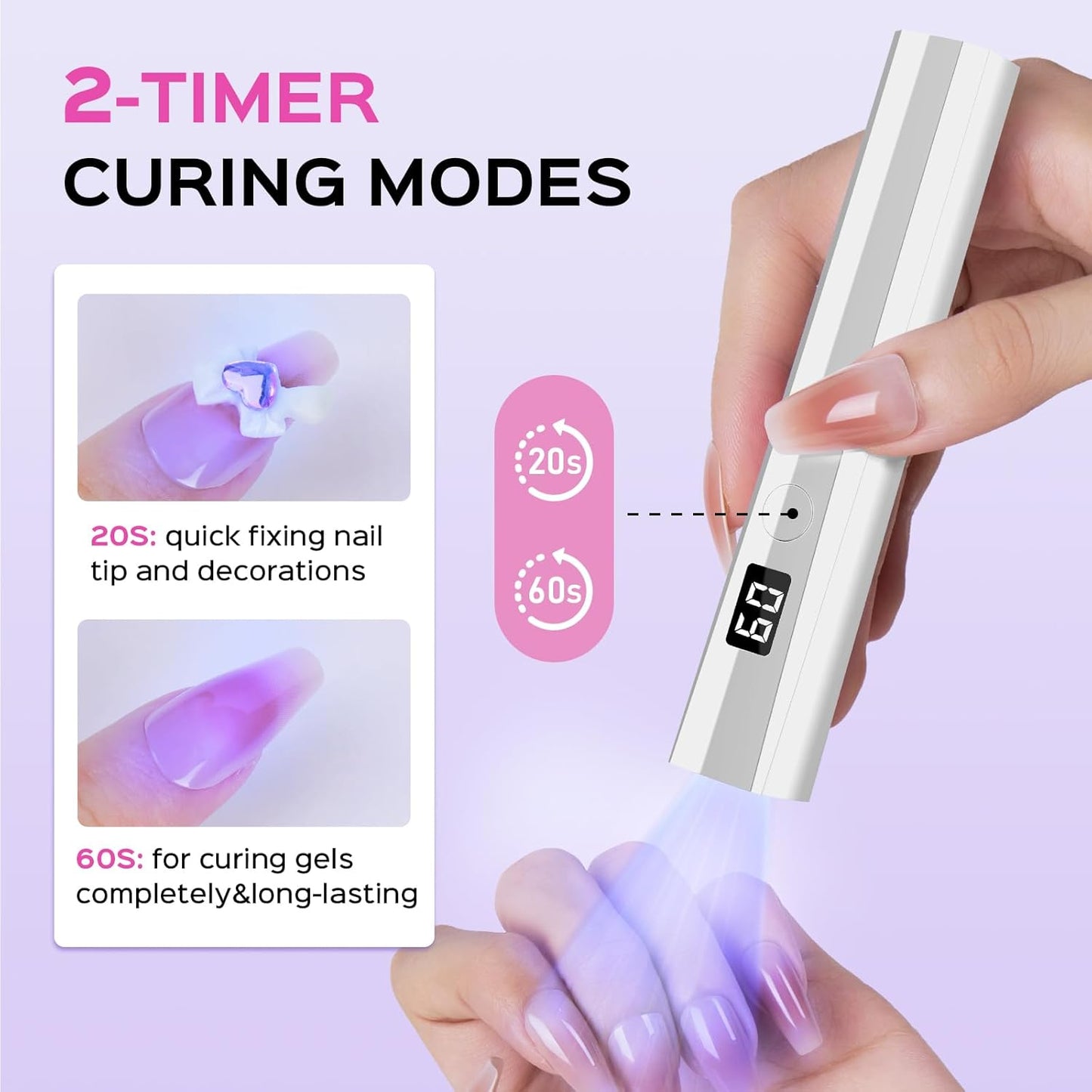 Handheld UV Nail Lamp, 5W Sparkly UV Light for Gel Nails, Portable LED Nail Lamp, Mini Nail Dryer with LCD Screen, USB Nail Light for Fast Curing (Silver)