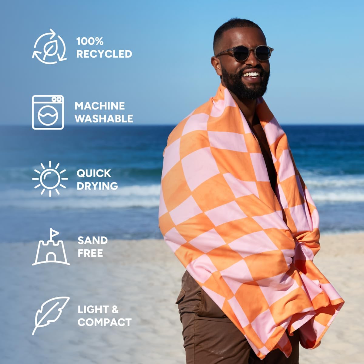 Dock & Bay Beach Towel - Quick Dry, Sand Free - Compact, Lightweight - 100% Recycled - Includes Bag - Groovy Check - Large (160x90cm, 63x35)