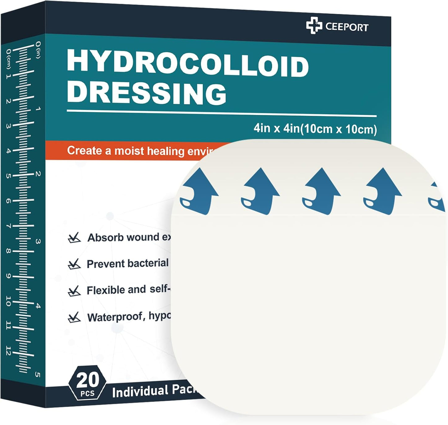 20 Pack Hydrocolloid Wound Dressing, 4" x 4" Ultra Thin Hydrocolloid Bandages with Self-Adhesive, Waterproof Hydrocolloid Patch for Bed Sore, Mild Burn, Blister, Acne Care