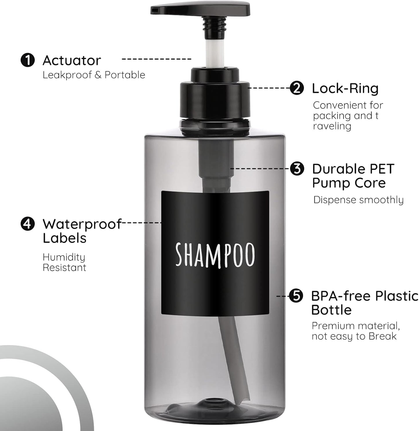 Segbeauty Shower Bottles Refillable, 3pcs 16.9oz/500ml Liquid Dispenser with Labels, Empty Plastic Lotion Pump Press Bottles for Shampoo, Conditioner, Body Soap, Hand Soap, Bathroom, Hotel - Gray