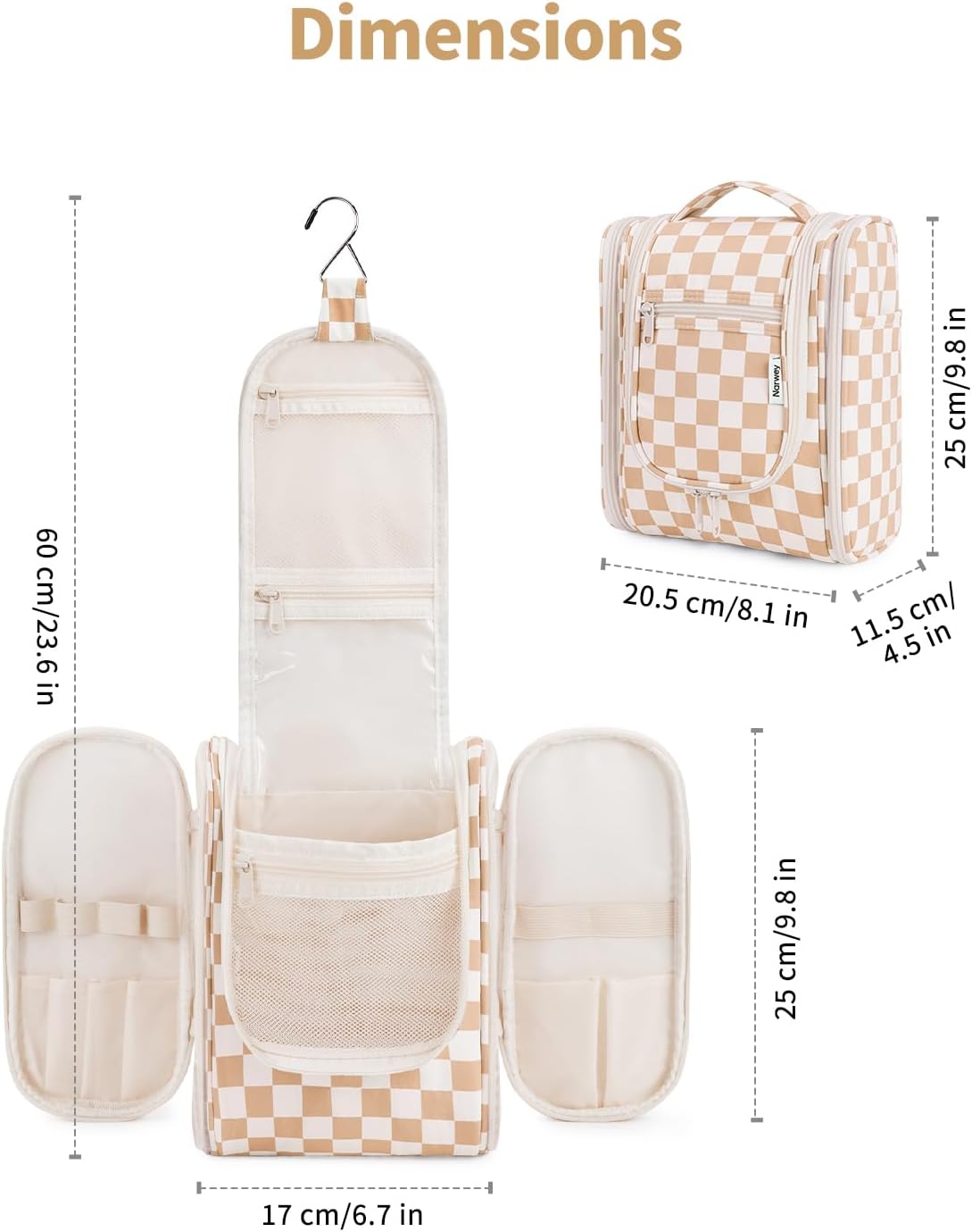 Narwey Small Checkered Hanging Travel Toiletry Bag for Women, Travel Bag for Toiletries, Makeup Bag Organizer Cosmetic Bags Make Up Bags for Women (Light Checkerboard)