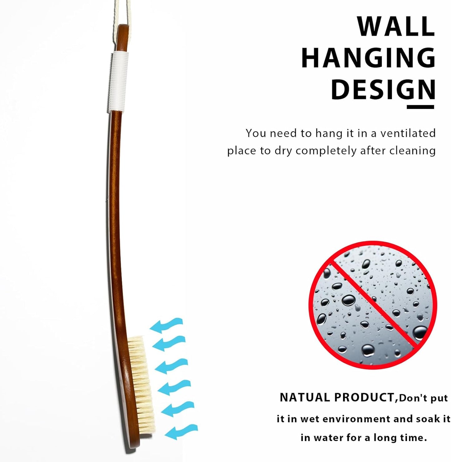 ICANdOIT-19.68Inch Natural Boar Bristles Anti-Slip Extra Long Handle Bath Brush,Bent Handle Shower Scrubber for Exfoliating,Shower Back Brush,Exfoliation Set with Pumice Stone (1 Pack)