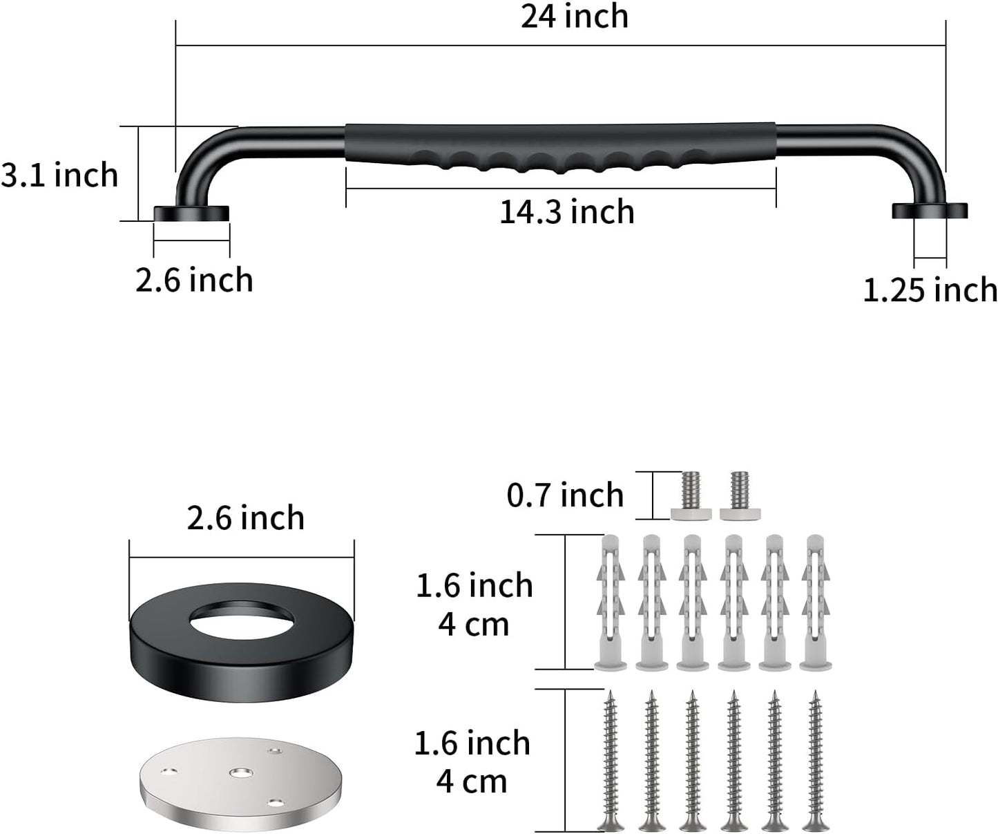 2 Pack 24 Inch Black Shower Grab Bar w/Anti Slip Rubber Grip,ZUEXT Stainless Steel Bath Grab Bar,Bathroom Balance Bar,Wall Mount Safety Handrail Support,Handicap Injury Elderly Senior Assist Handle