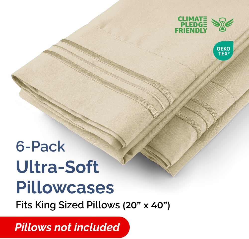 King Pillow Cases Set of 6 - Ultra Soft Hotel Quality Pillowcase Covers - Comfy & Wrinkle Free - Shrink, Stain and Fade Resistant - Easy-Care, Machine Washable Pillow Protectors - 6 Piece Set - Cream