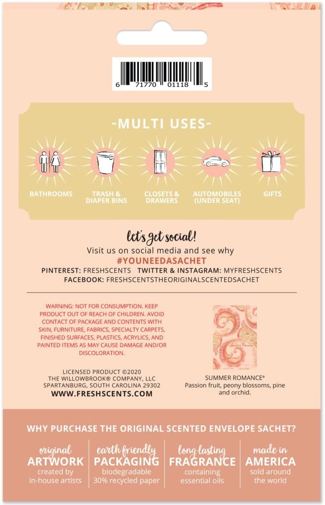 Willowbrook | Fresh Scents Scented Sachet Packet | Summer Romance | Air Freshener Bags for Drawers, Closets, Cars | 6 Pack | Long Lasting Home Fragrance