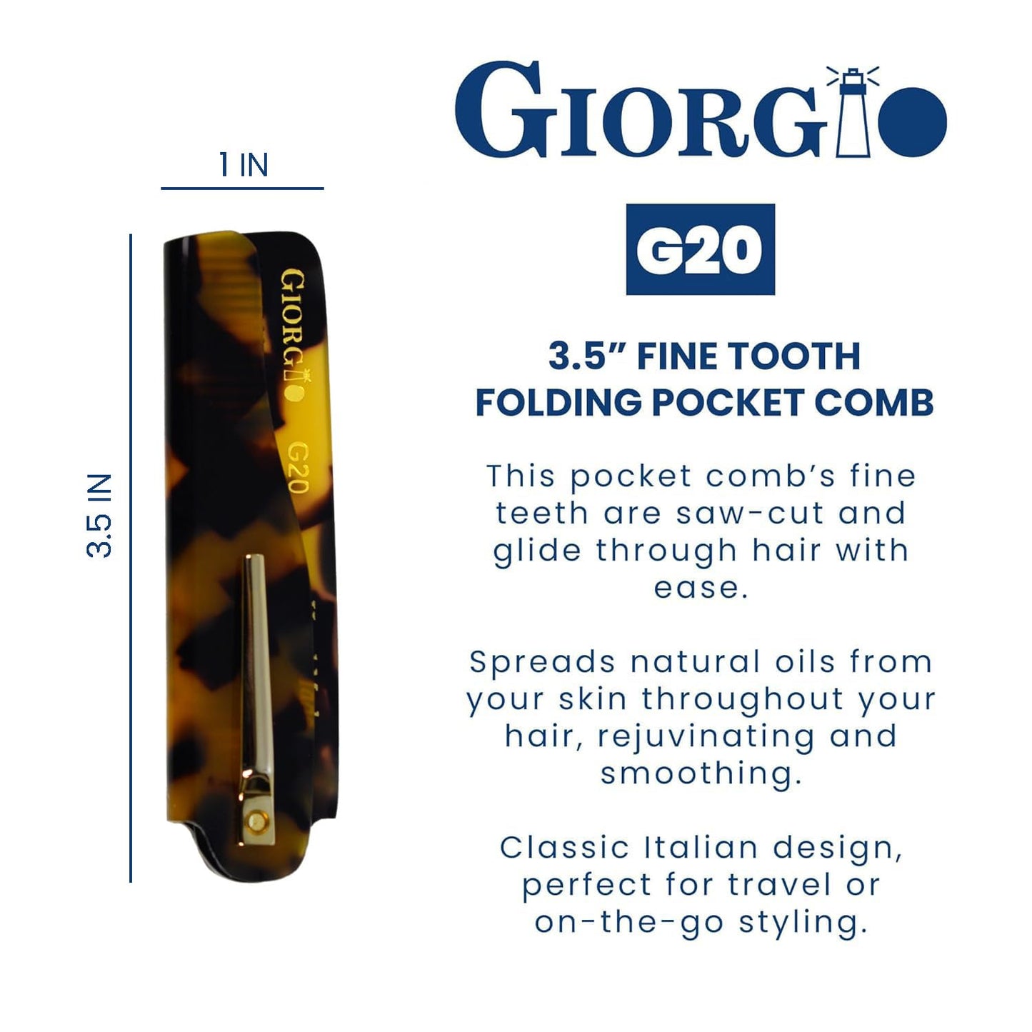 Giorgio G20 Folding Mustache and Beard Comb - Small Fine Tooth Pocket Comb for Everyday Hair Care - Sawcut and Hand Polished Pocket and Styling Combs - Handcrafted