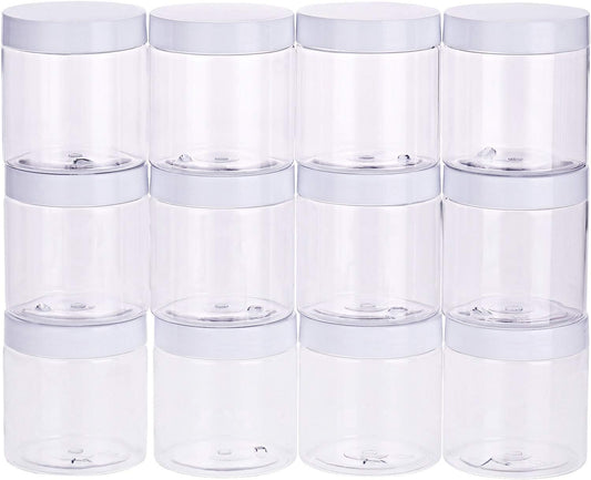 Chuangchou Empty Clear Plastic Storage Favor Jars Wide-mouth Plastic Containers with White Lids (12 Pack) for Beauty Products, DIY Making or Others (8 oz)