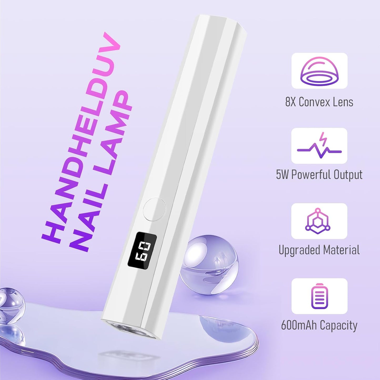 Handheld UV Nail Lamp, 5W Sparkly UV Light for Gel Nails, Portable LED Nail Lamp, Mini Nail Dryer with LCD Screen, USB Nail Light for Fast Curing (Silver)