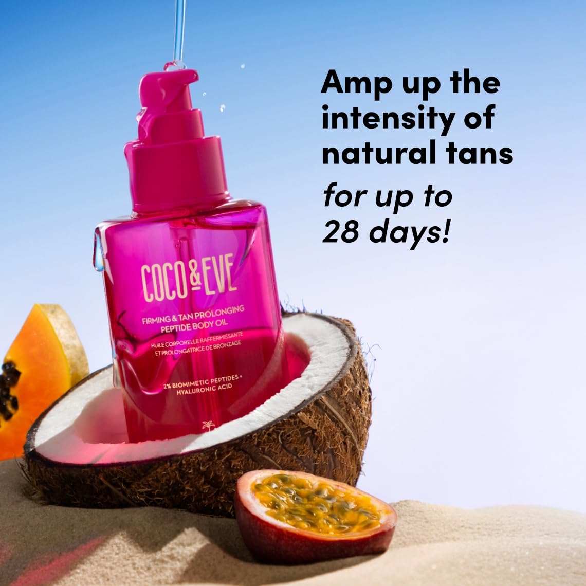 Coco & Eve Firming & Tan Prolonging Peptide Body Oil. Up to 28 Days Natural Tan Extender. After Sun Care with Tropical Oils, Vitamins C & E for Nourished, Glowy & Visibly Firmer Skin. (5.75 fl oz)