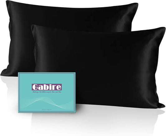 Mulberry Silk Pillow Cases Set of 2, Both Sides Real Silk Pillowcase for Hair and Skin Prevent Acne Pillowcase Organic Silk Pillowcase 2 Pack with Hidden Zipper, Black, Standard (20"×26")