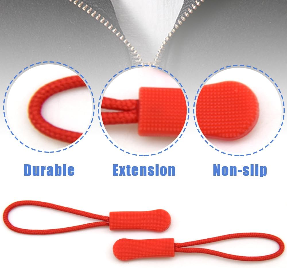 Ruidee 50 Pieces Zipper Pulls Zipper Tabs Zipper Pull Cord Extender Replacement Zipper Pulls for Backpacks, Jackets, Luggage, Purses, Handbags（Red）