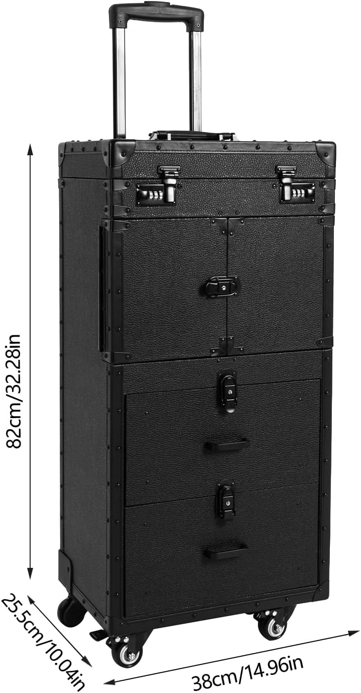 Lockable Makeup Train Case,44.09 lbs Rolling Hairdressing Trolley,Cosmetology Case on Wheels,Beauty Salon Cosmetic Luggage with Universal Wheels for Hair Stylist,Make-up Artists(Black)