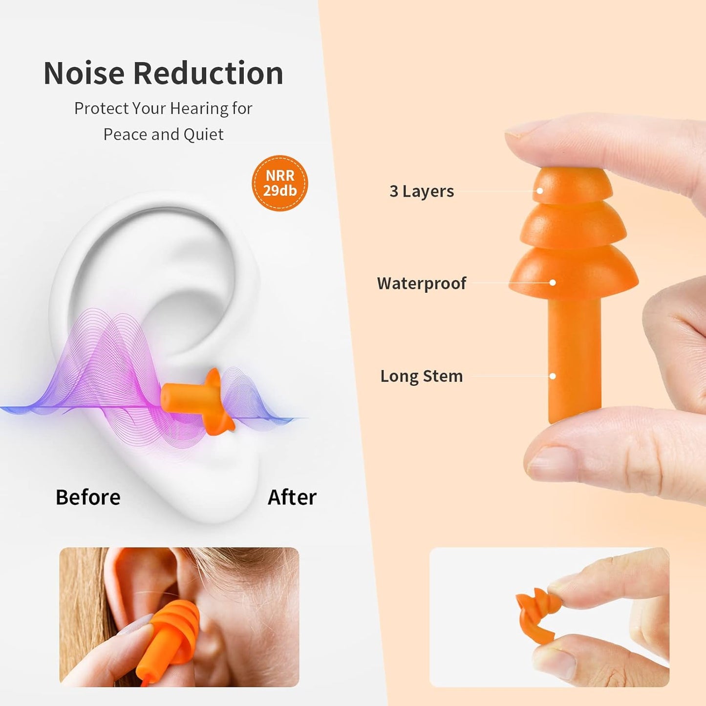 Ear Plugs for Swimming, Soft Ear Plugs for Sleeping Noise Cancelling, Reusable Ear Plugs for Noise Reduction, Ear Protection, Silicone Earplugs for Swimming, Sleeping, Snoring, Work, Concerts, 6 Pairs