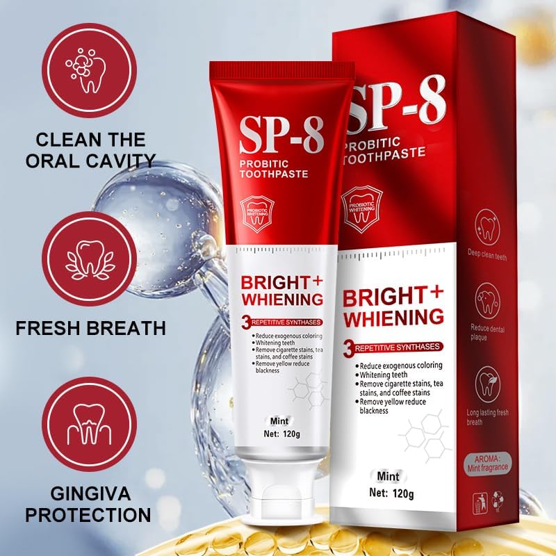 SP-8 Probiotics Whitening Toothpaste - Probiotics for Teeth Whitening and Gum Health - Enamel-Safe, Fluoride-Free, Double Mint Flavor,Fresh Breath-4pcs